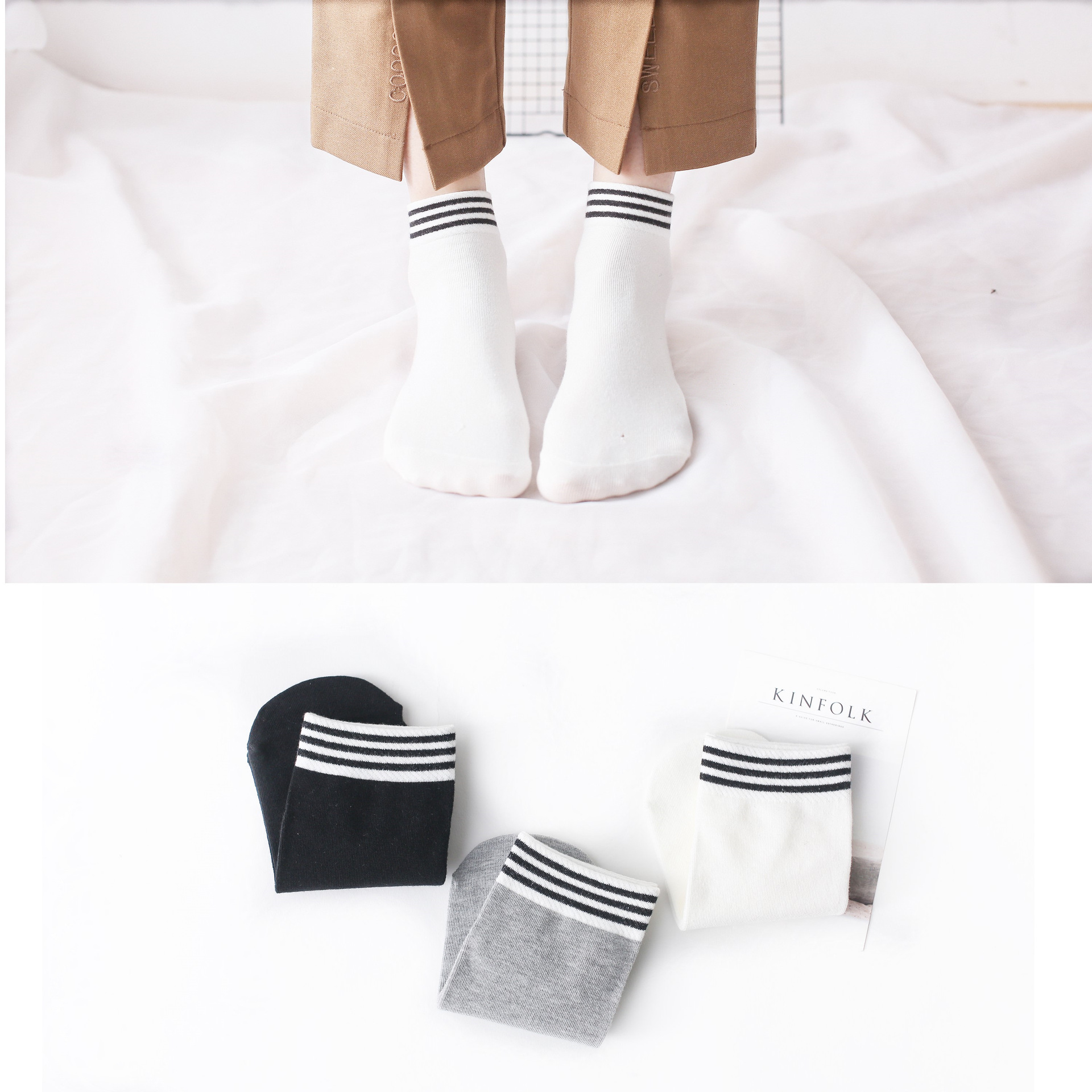 诸暨袜子春夏新款女袜200针纯棉三条杠女士短袜黑白条纹船袜