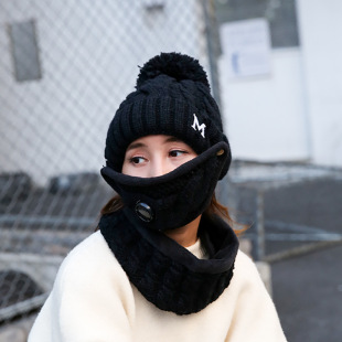 冬天加厚加绒毛线帽子 围巾口罩三件套 电动车防风保暖针织帽男女