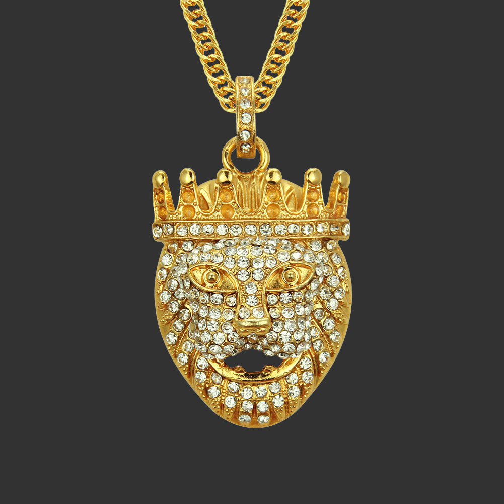 ebay跨境新款配饰 嘻哈满钻皇冠狮子头项链 欧美时尚男士吊坠