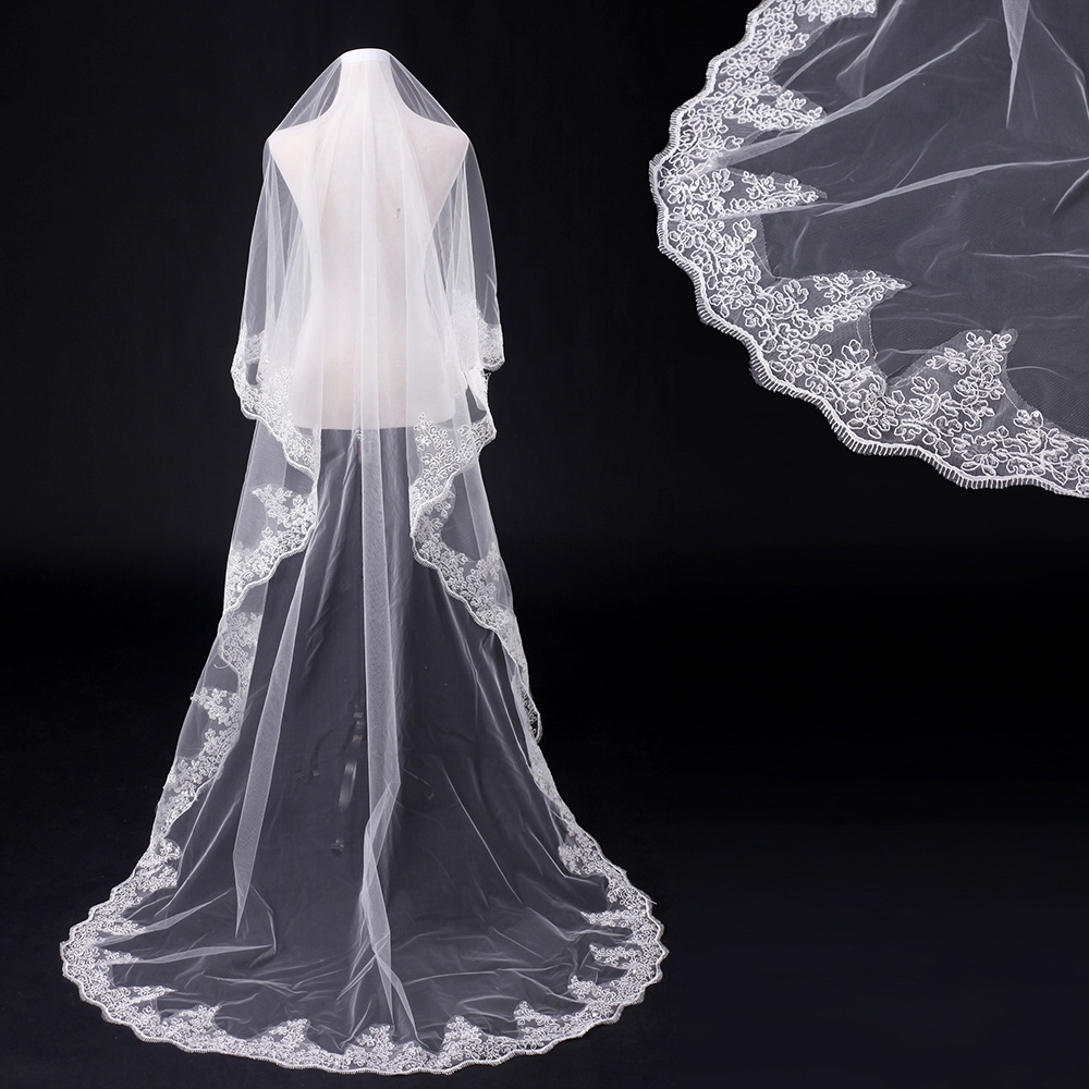 欧美新娘结婚头纱单层薄款3米婚纱头饰蕾丝包边头纱礼服厂家直销