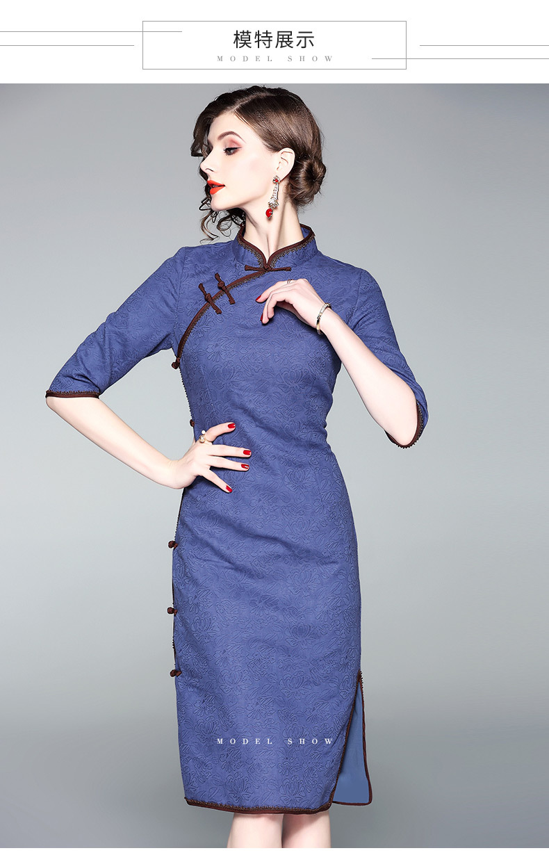 暗纹提花旗袍春装新款复古时尚端庄棉麻中长款连衣裙80936