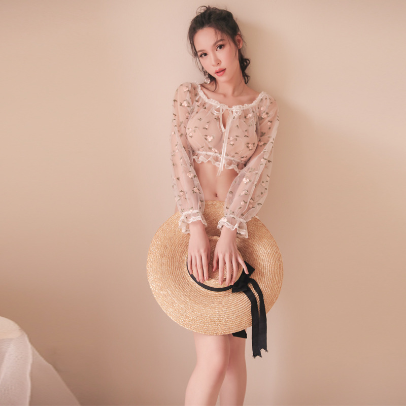 超薄唯美透视长袖刺绣诱惑一字露肩情趣内衣(包含内裤)1110