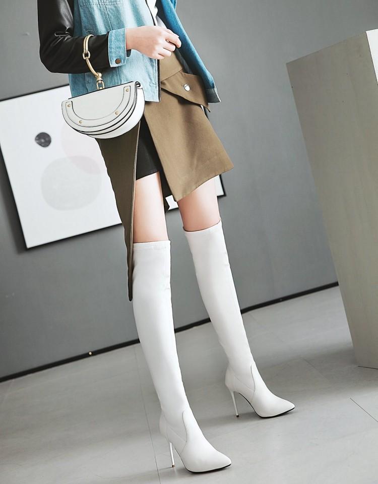 美鞋弹力靴细跟高跟女鞋过膝长靴白色靴子大码靴子小码女靴 lqw