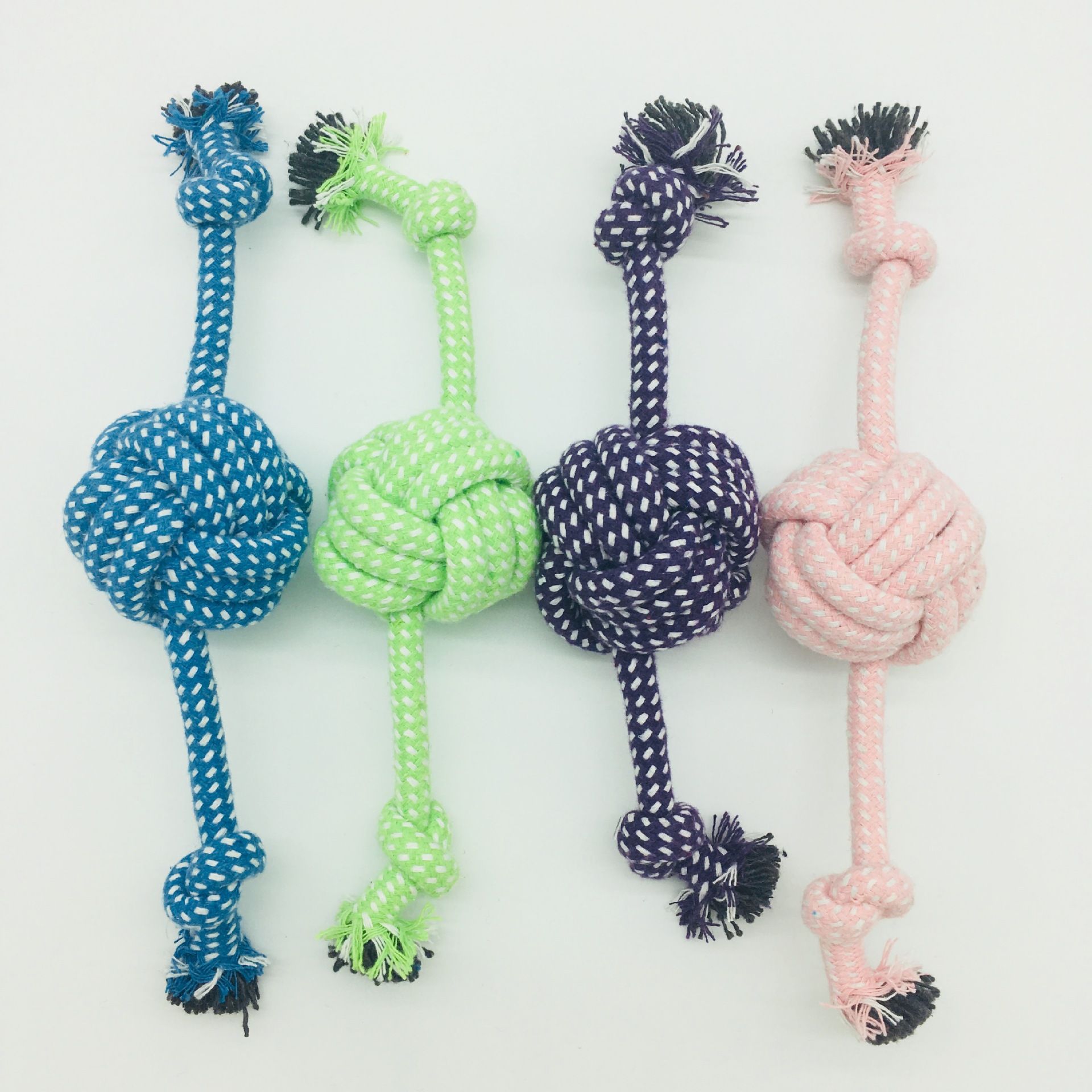 新款糖果色 手拉式拖棉绳球 棉绳玩具 宠物咬绳球磨牙洁齿绳结球