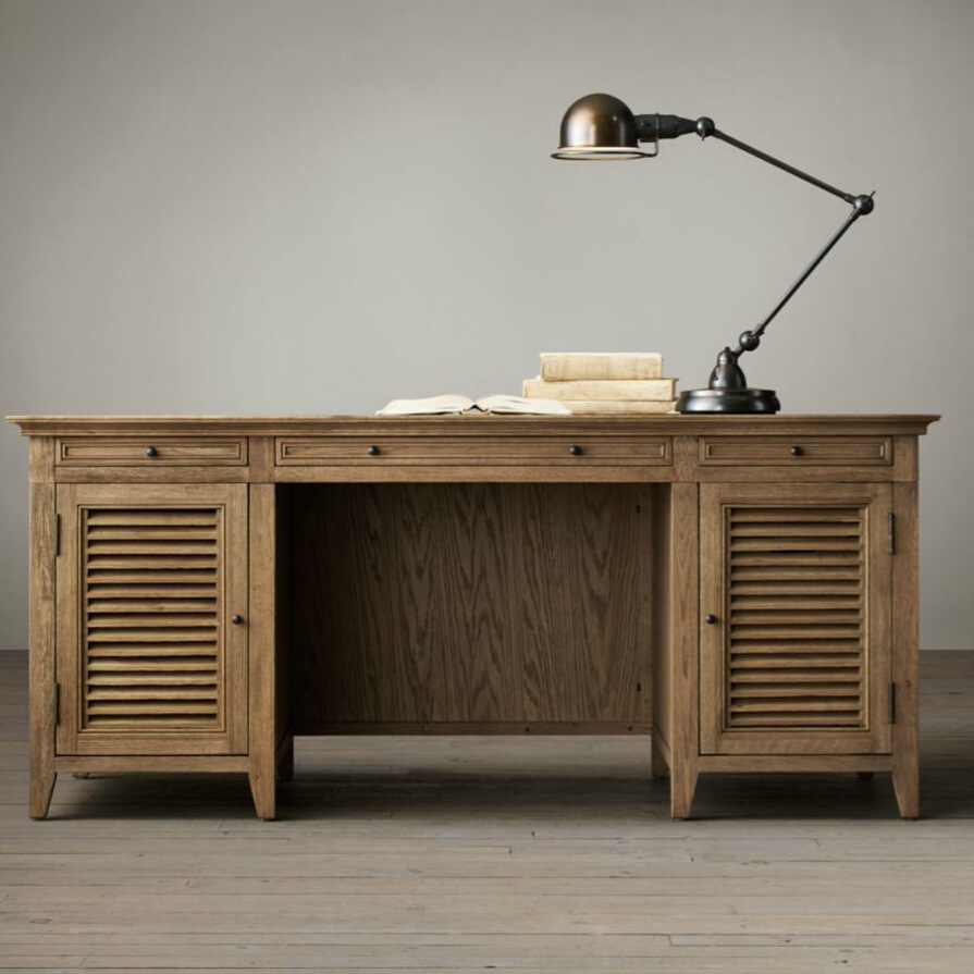 美式乡村橡木书桌写字台电脑桌实木书房原色家具做旧家用书房家具