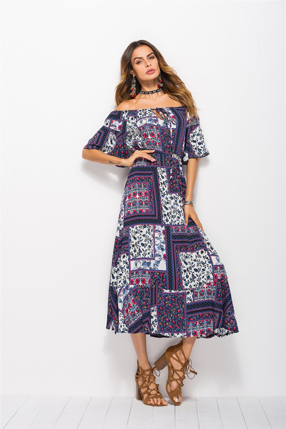 速卖通亚马逊波西米亚风格跨界外贸夏季新款印花一字肩连衣裙女装