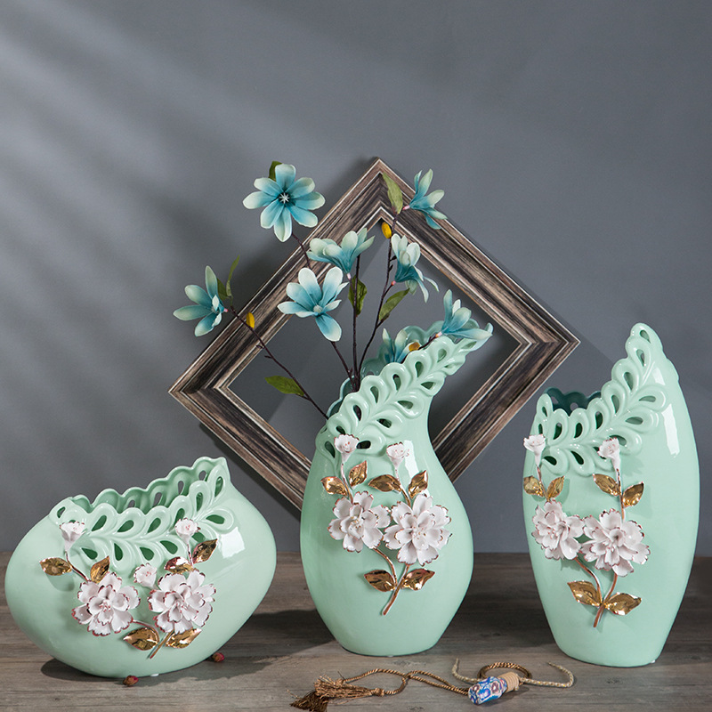 陶瓷工艺品客厅家居陶瓷摆件陶艺三件套花瓶创意插花装饰厂家
