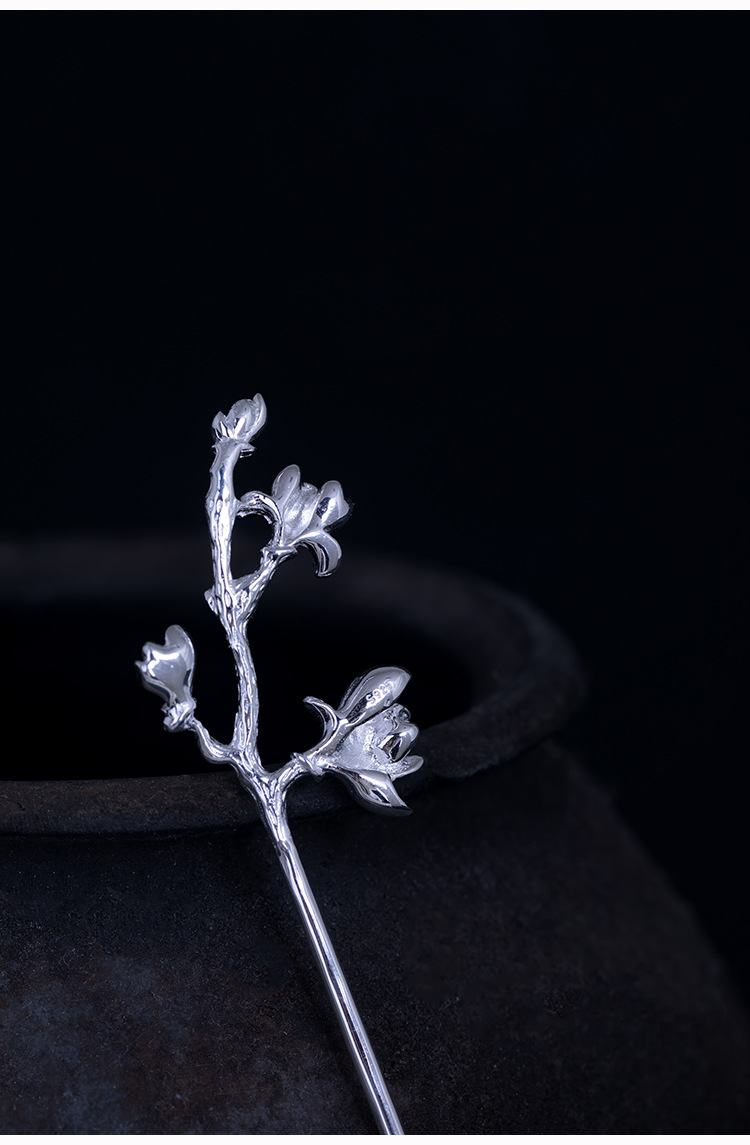 925银简约玉兰花发簪女花朵设计丸子头盘发头饰古代汉服气质步摇