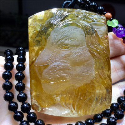 东海水晶天然黄胶花聚宝盆狮吼观音【狮吼咒】吊坠