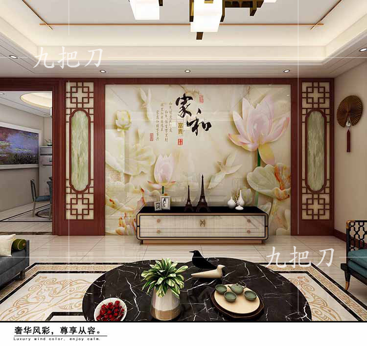 九把刀中式现代客厅电视背景墙瓷砖高温微晶石雕刻3d影视墙大理石