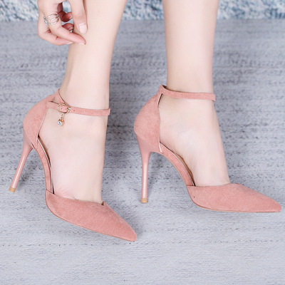 2018春款新品水钻高跟鞋一字带水钻勾扣绒面时尚韩版单鞋一件代发