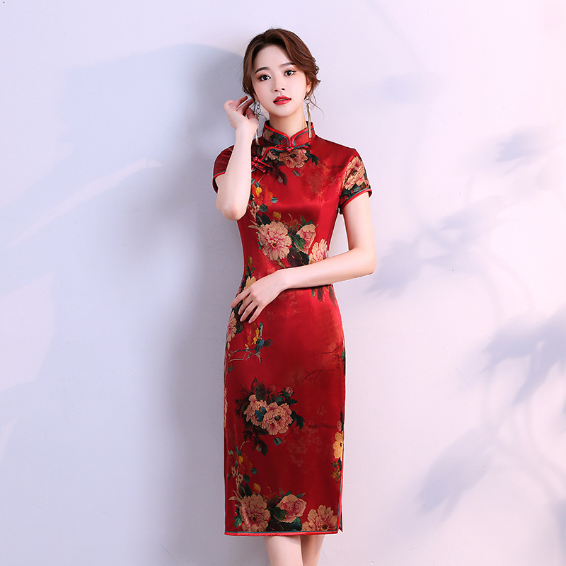 真丝旗袍双层中长款2020新款夏季大红色新娘收腹走秀开叉礼服旗袍