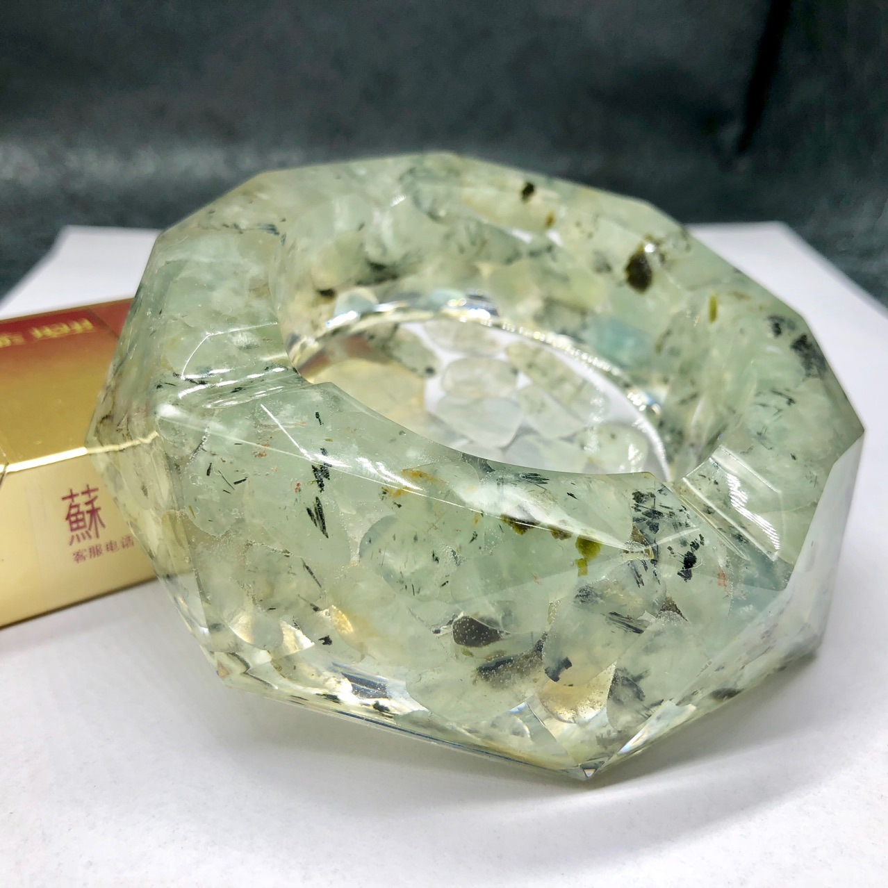 天然葡萄石黑发晶烟灰缸 水晶烟灰缸