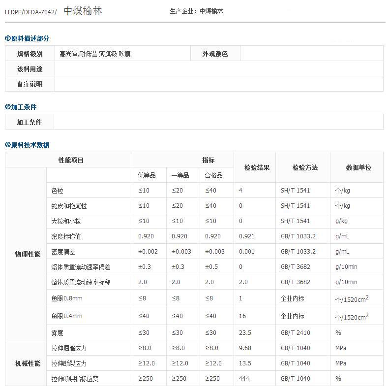 中煤榆林/蒙大dfda-7042线性低密度聚乙烯树脂lldpe薄膜级吹膜