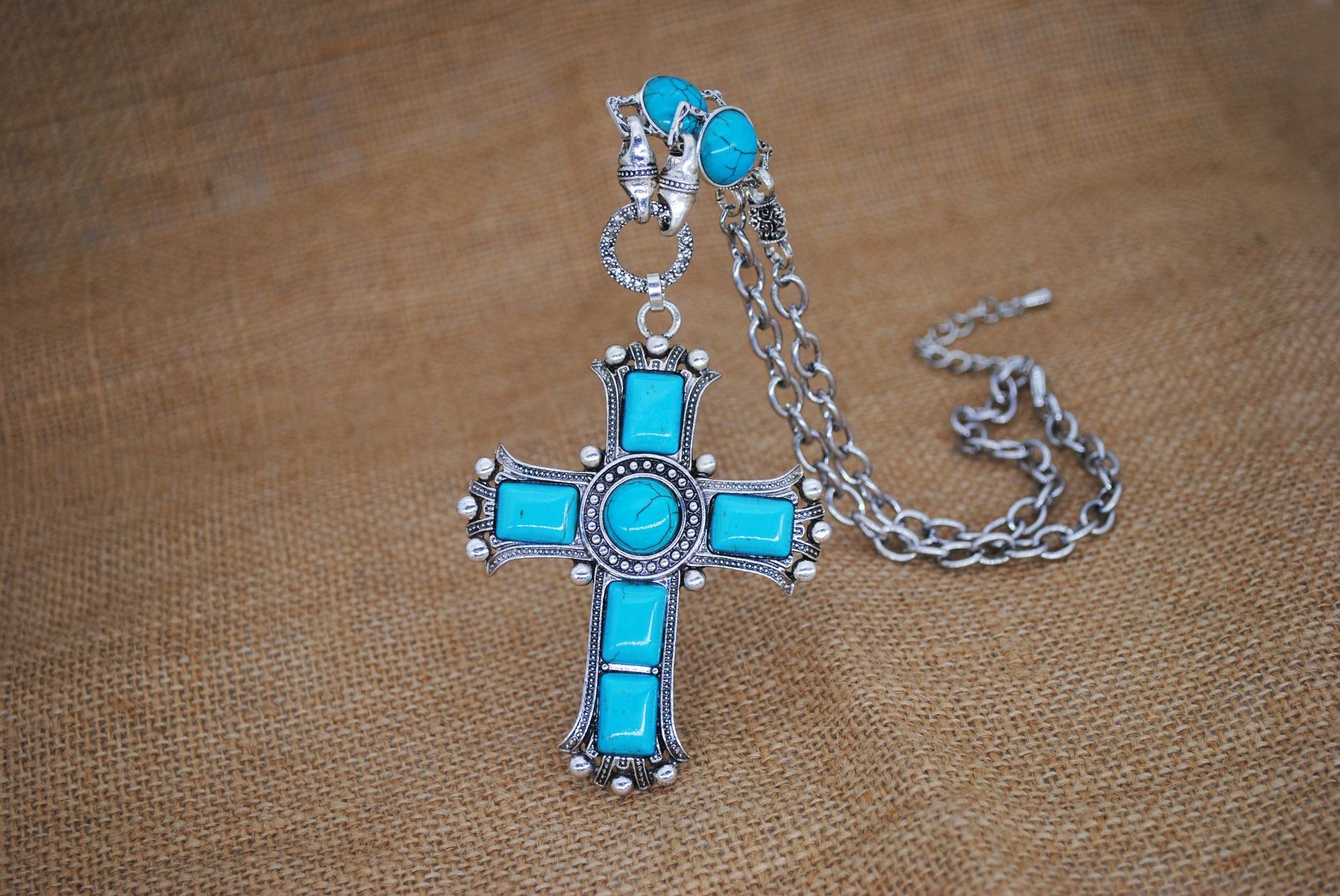 欧美外贸宗教饰品 十字架 欧美绿松石长项链批发 现货批发