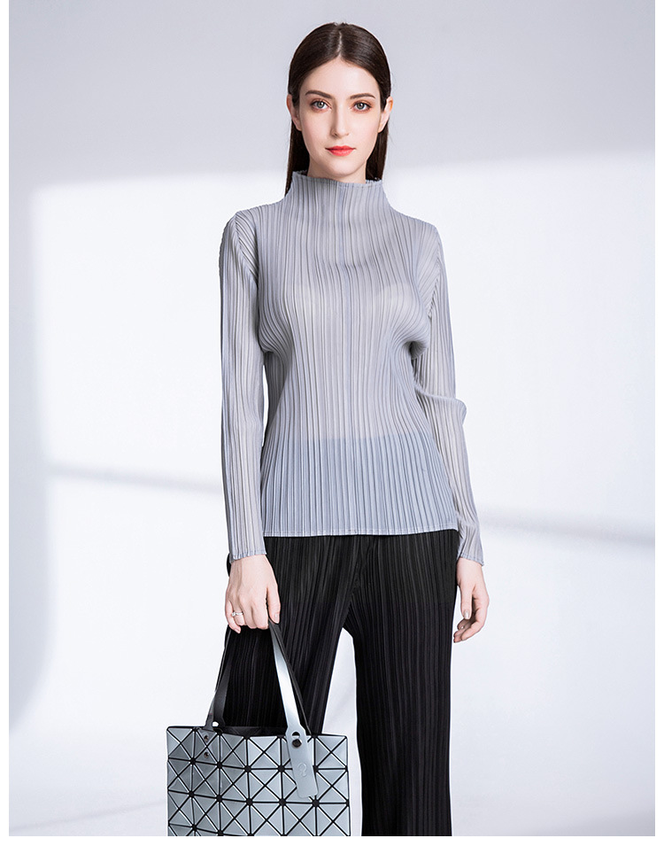 褶皱上衣女春秋装2019新款纯色弹力修身半高领打底衫t体恤女