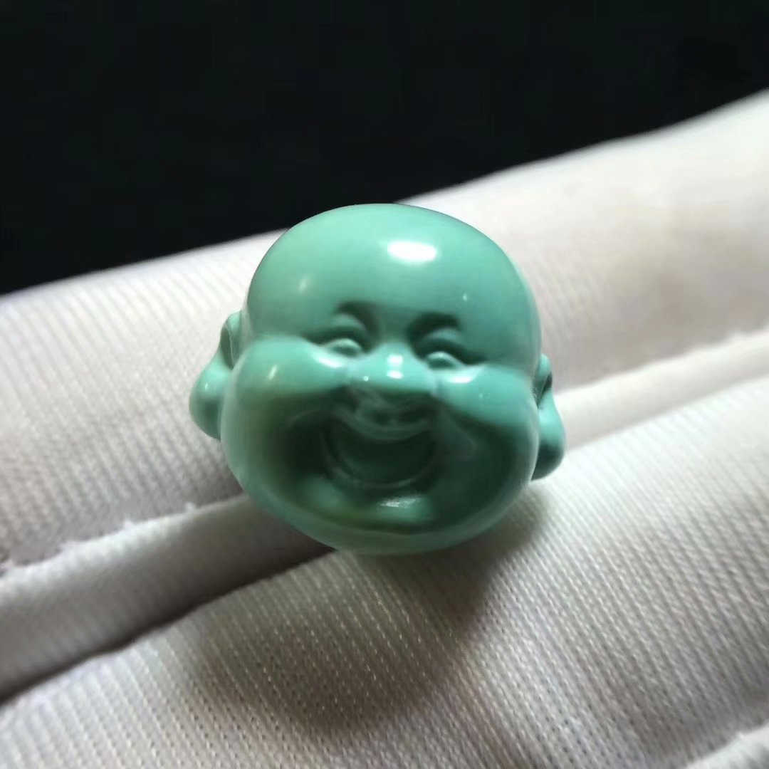 原矿高瓷秦古果冻料绿松石精雕弥勒佛头 干净无线 108佛珠配饰