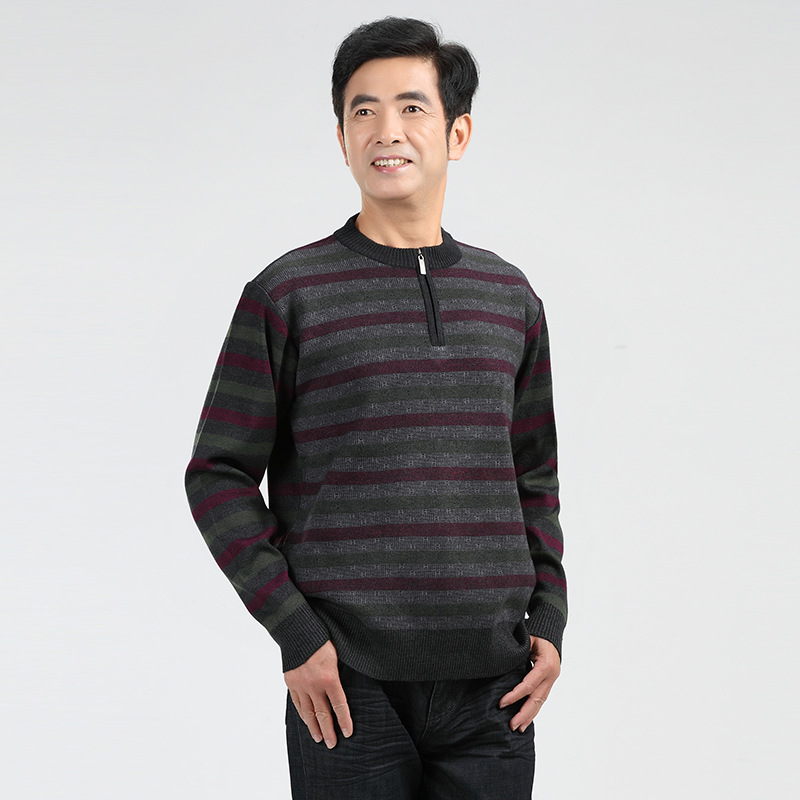 新款18秋冬男装中年男士毛衣中老年爸爸50岁半拉链长袖条纹针织衫