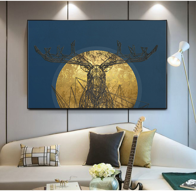 发财鹿麋鹿壁画玄关装饰画横版客厅沙发背景墙挂画北欧卧室床头画