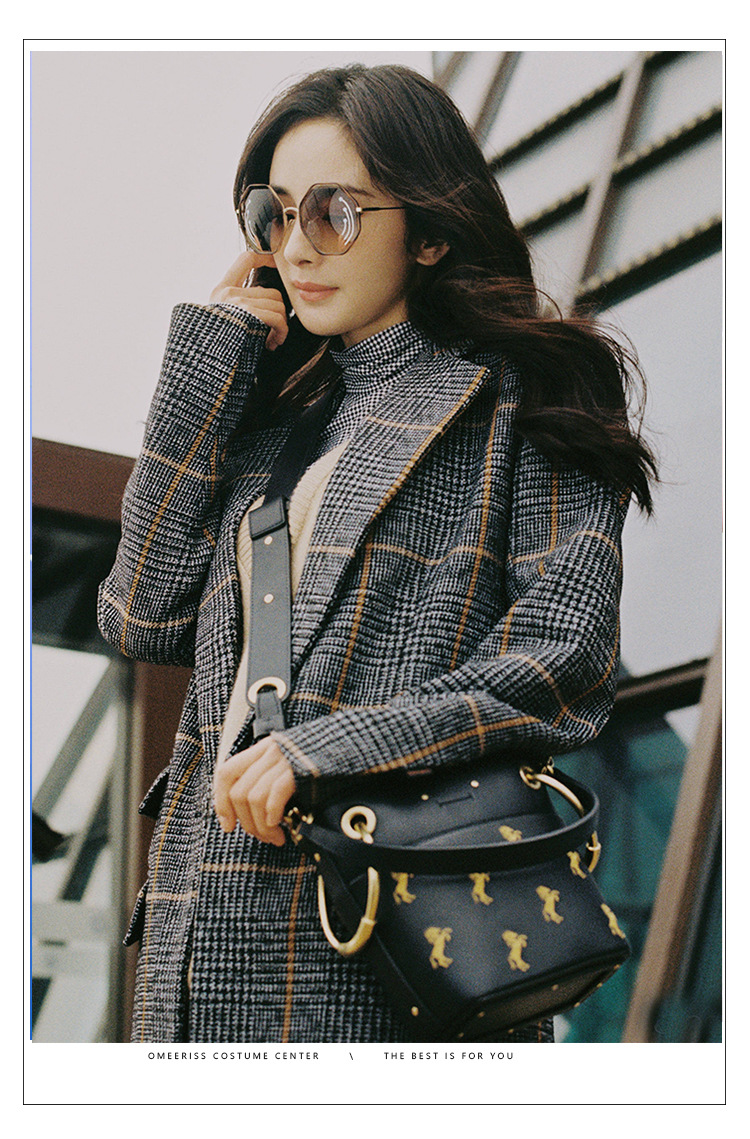 明星杨幂同款秋冬装新款千鸟格格子羊毛呢大衣女2018中长款外套