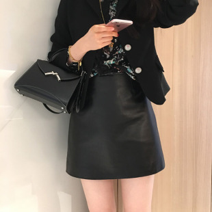 2018秋冬新款皮裙女高腰显瘦绵羊皮半身裙蝴蝶结a字裙黑色短裙