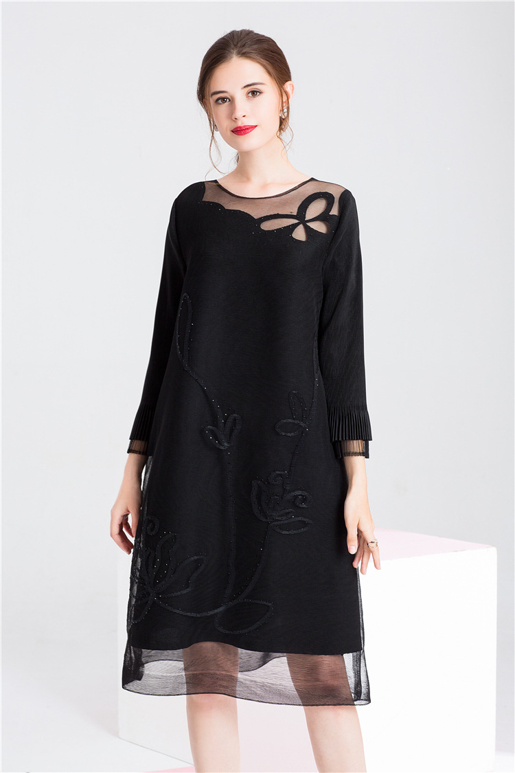 k80916肩透明网纱连衣裙锁摇花春秋三宅中长款女装嘉柠褶皱批发