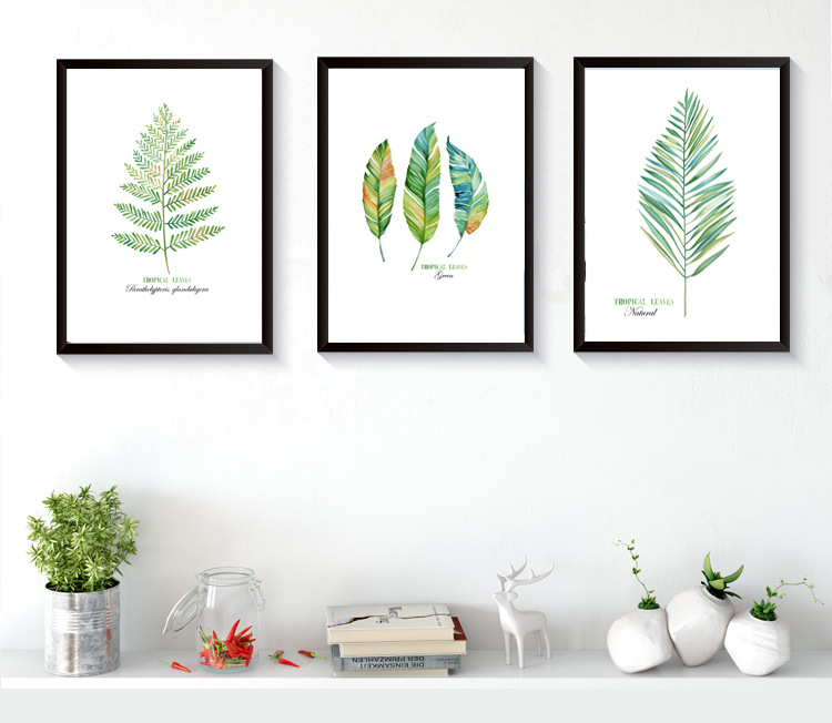 田园绿植绿叶装饰画壁画植物三连画客厅沙发墙面装饰画组合悬挂画