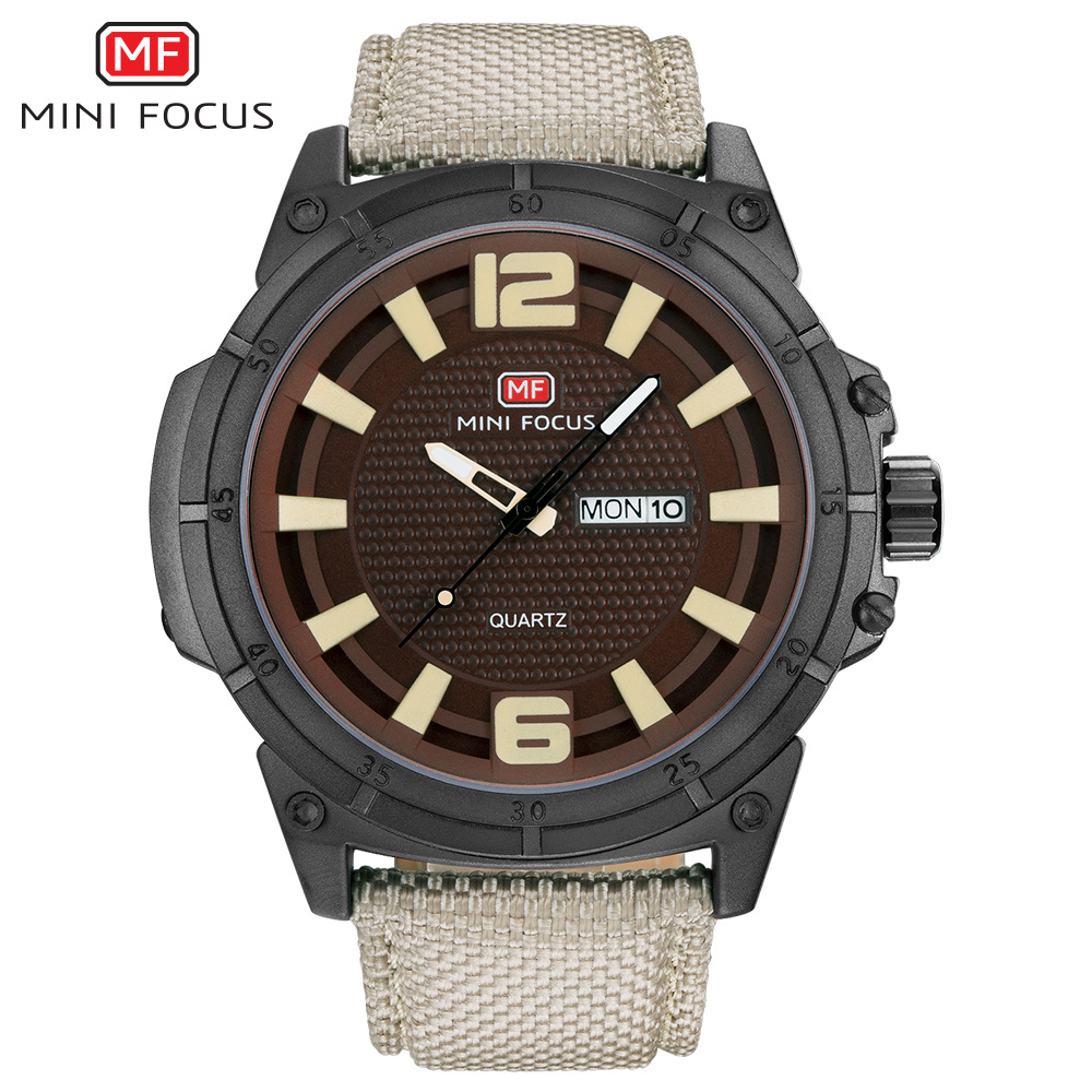 minifocus福克斯 mf0136g 男士石英表 帆布带日期星期水手表