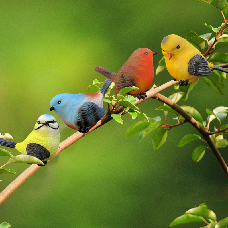 花园树脂工艺品树上仿真小鸟摆件户外庭院可爱小鸟装饰麻雀黄鹂