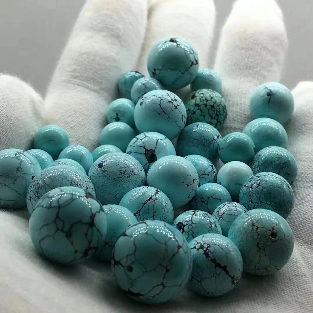 厂家直销湖北原矿高瓷绿松石网纹圆珠散珠 无坑无裂 diy配饰批发