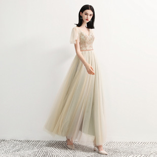 宴会晚礼服长裙女2018秋季新款伴娘服香槟色显瘦洋装主持人演出服