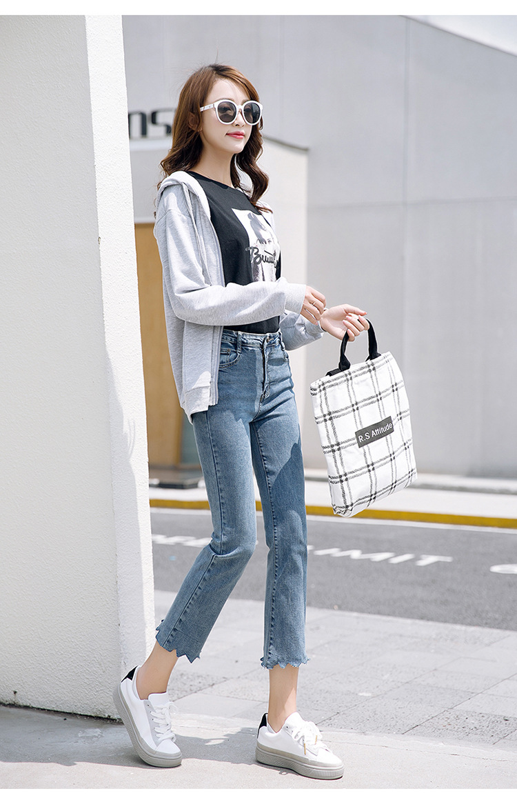 牛仔裤 女装2018秋冬新款韩版复古蓝高腰高弹波浪边小直筒九分裤