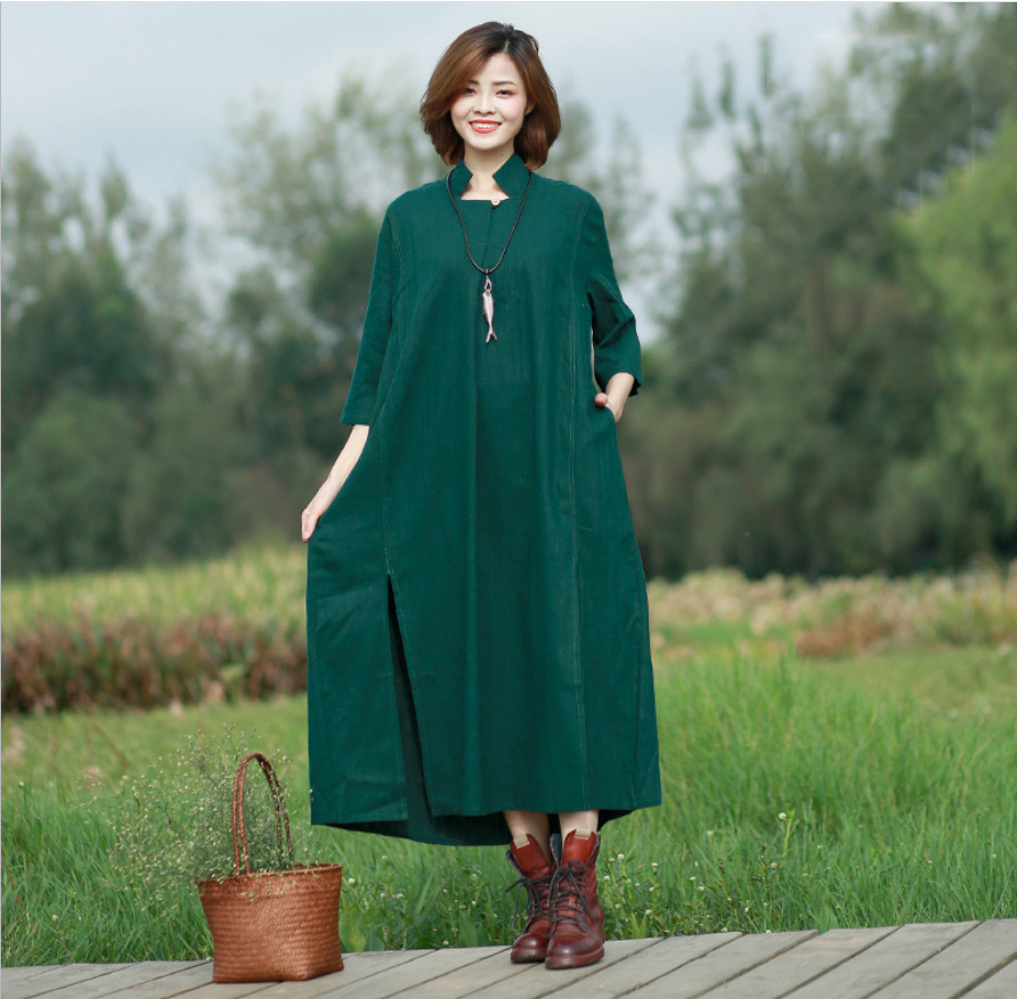 棉麻女装春季连衣裙国风复古长袍飘逸禅茶长衫素色连身禅意袍子