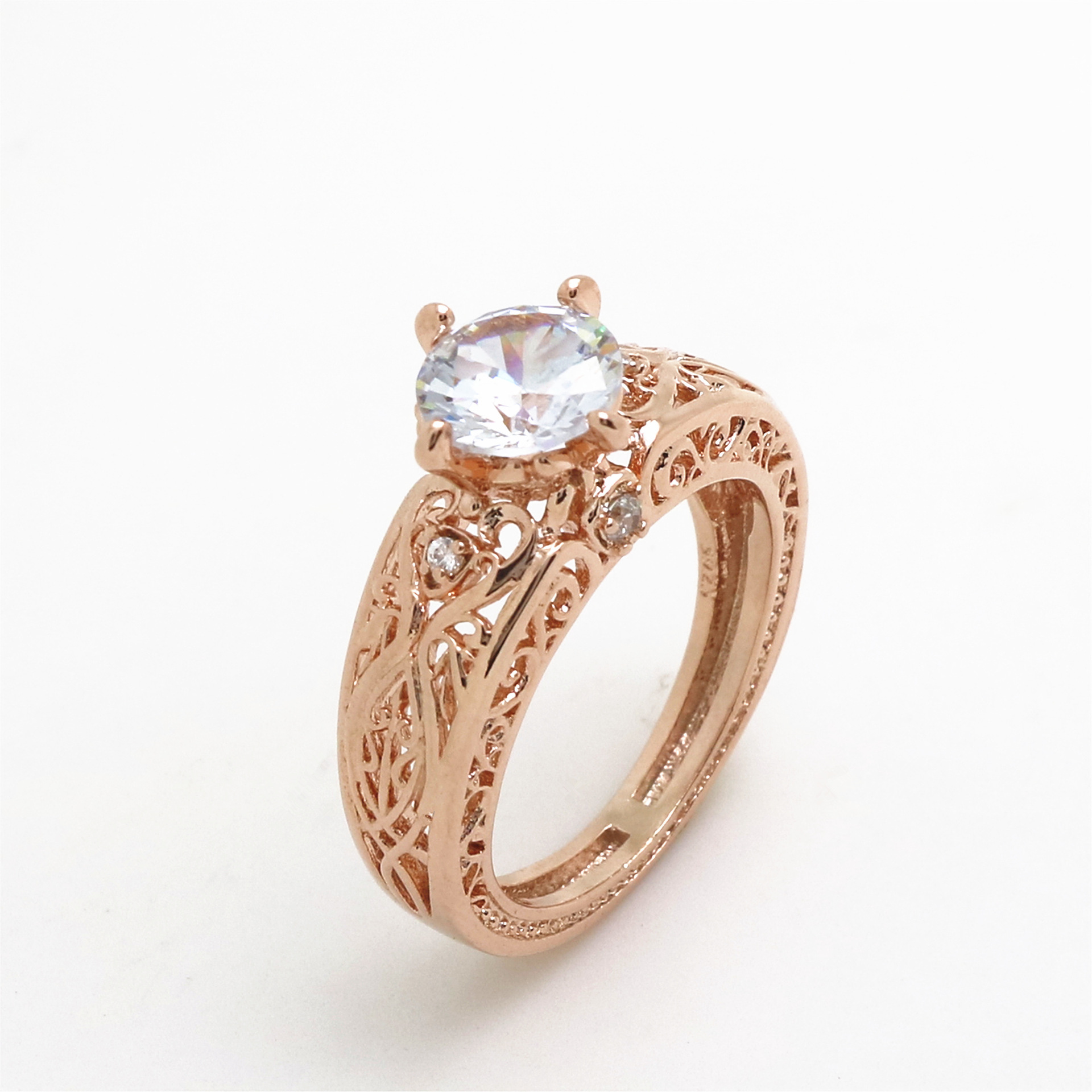 订婚戒指独特设计2克拉高端镶锆石戒指艺术装饰风格玫瑰金戒指