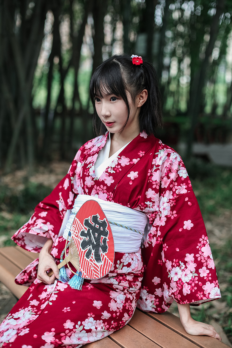 现货 日本和服浴衣 红色小樱花和服全套 纯棉正规和服女