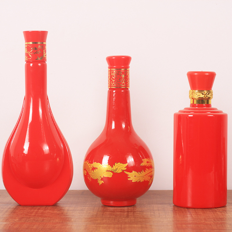 批发婚寿宴喜庆红色玻璃酒瓶喜酒瓶白酒喜宴酒瓶自酿酒瓶现货定制