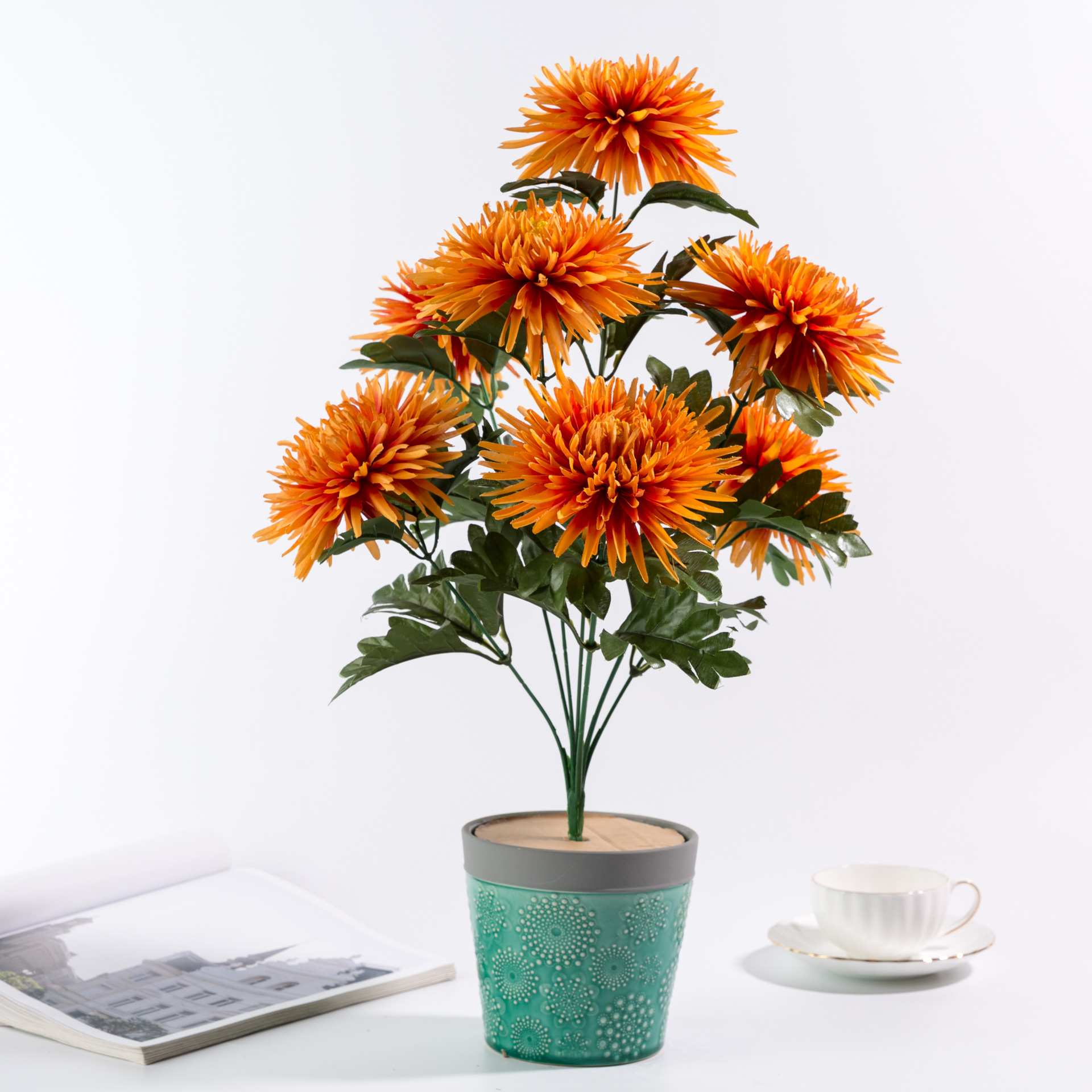 祭祀仿真菊花盆栽 批发9头中理菊花束家居装饰 人造仿真假娟花