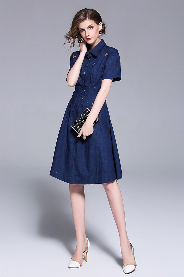 连衣裙-2018夏季新款女装欧美气质高腰收腰牛仔连衣裙a字裙修身一件