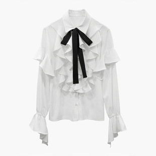 欧洲站~秋冬款 层次荷叶边 不规则开衩袖口系带衬衫s8121