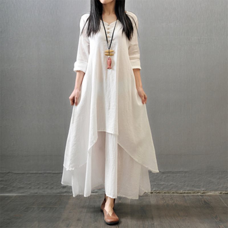 2023 Spring and Autumn Fake Two-Piece Long Skirt Literary Expansion Linen Dress Loose Long Sleeve Cotton and Linen Skirt