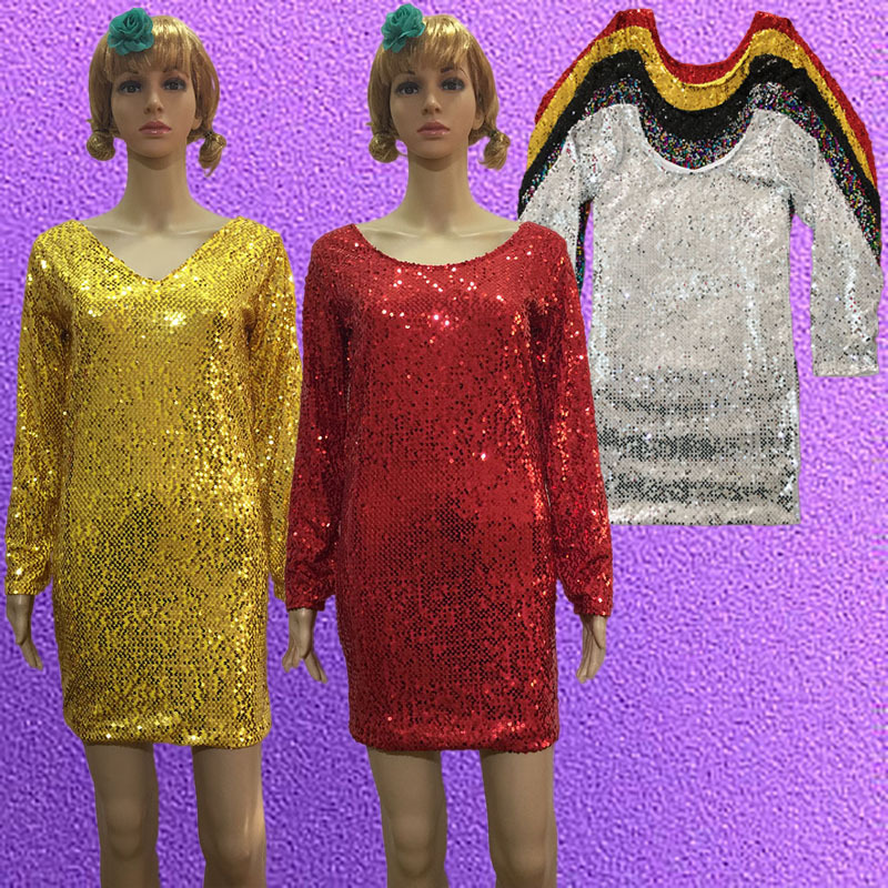 好面料初中高中大学女生舞台服饰演出服长袖闪片气质连衣裙亮片