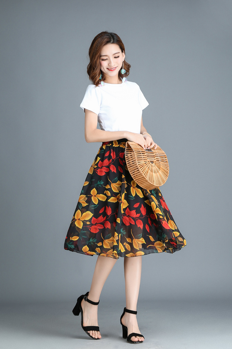 2018夏装新款半身裙蓬蓬裙中长款半身裙松紧腰印花雪纺仙女裙韩版