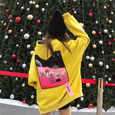 实拍韩版新款宽松丝绒贴布加绒加厚连帽卫衣外套012181