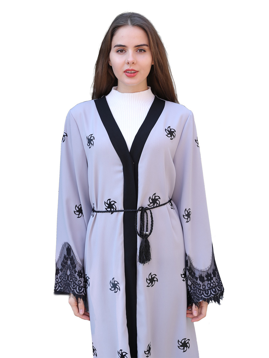 风格长衫大码女装蕾丝花边穆斯林开衫长袍义乌穆斯林服装工厂批发