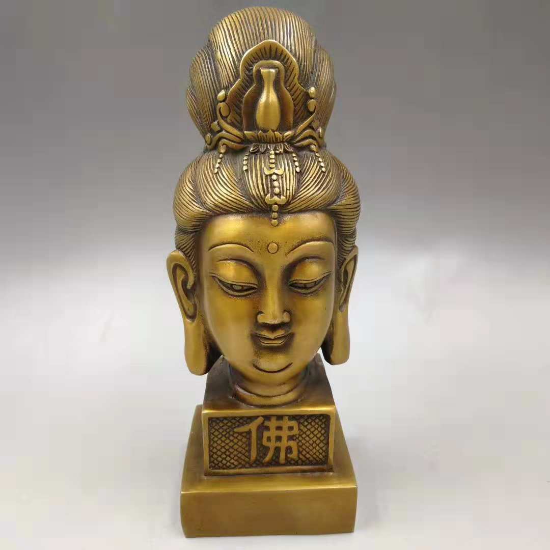 黄铜观音印章摆件观音菩萨佛像家居佛系印章摆饰佛像观音头大章