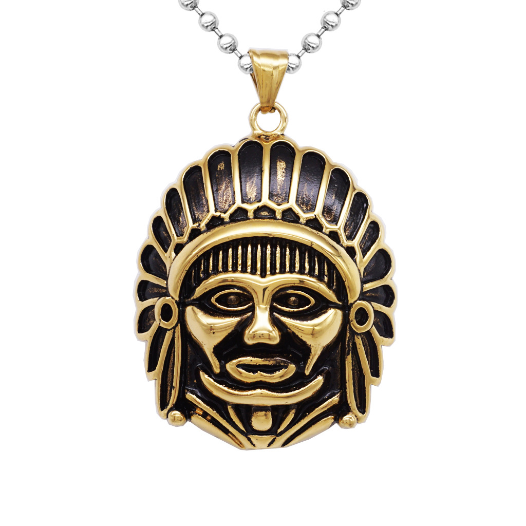 跨境出口饰品外贸热销欧美复古朋克个性印第安头像吊坠钛钢项链