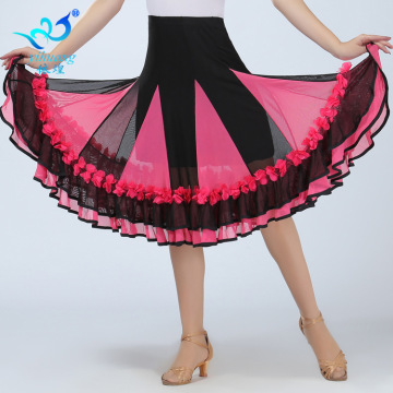 拉丁舞裙拼色舞蹈服练习表演服舞裙半身裙大摆裙交谊舞网纱中长裙-阿