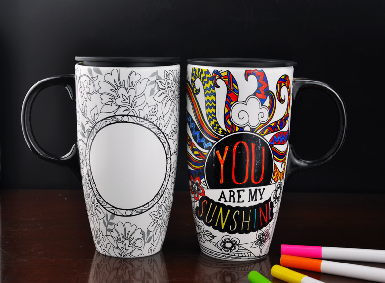 涂画杯 大号陶瓷马克杯 简约绘画水杯 新款diy手工自制陶瓷杯子