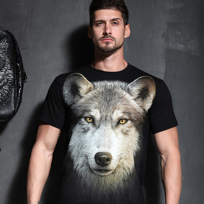 夏季新品男款3d打印炫酷狼头夜光体恤衫黑色圆领短袖t恤