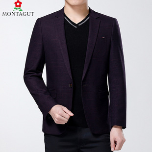 梦特娇春秋装新款男式西装韩版商务休闲格纹免烫羊毛单西外套正品